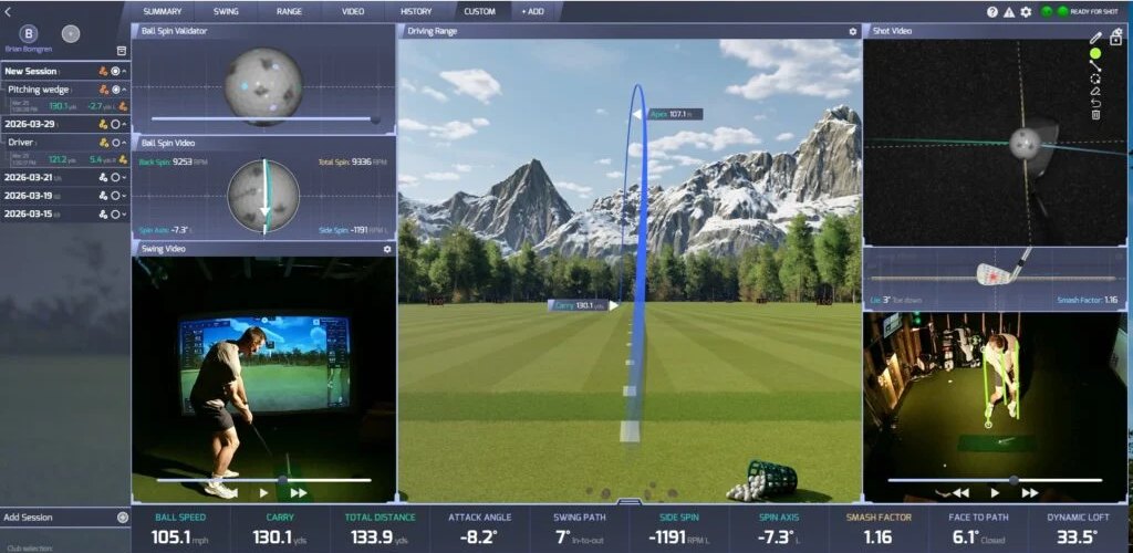 ProTee Labs session screen: ball spin readout, swing videos from two angles and a driving range shot tracer